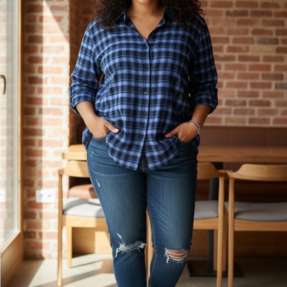 COS Sz XL Plaid Blue Academia Textured Button Front Casual Cotton Shirt